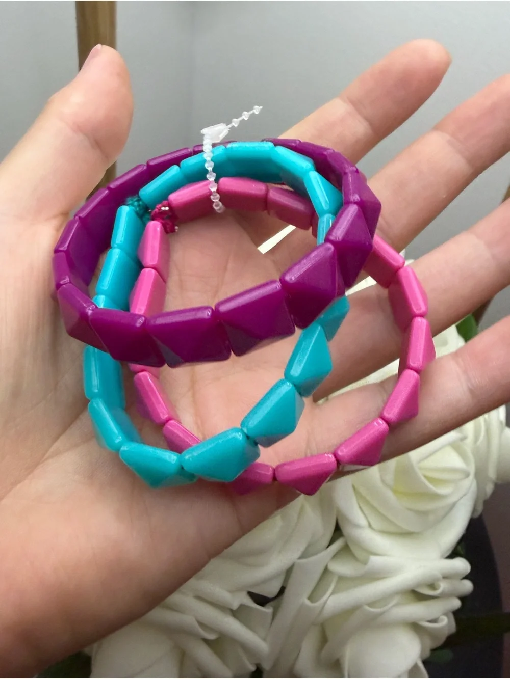 Tri-Color Pyramid Stretch Bracelets - Pink, Turquoise, Purple
